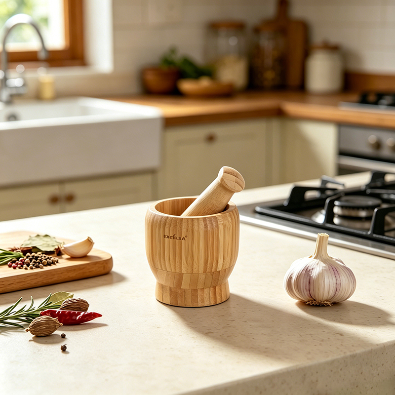 Grooved Bamboo Mortar and Pestle Set