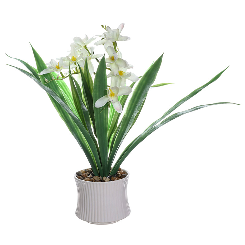 Artificial Orchid Plant with Ribbed Ceramic Pot