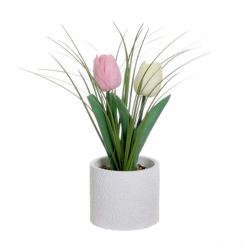 Artificial Tulip Potted Plant with Cement Pot