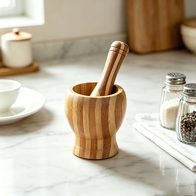 Wood Mortar and Pestle Set with Vertical Stripes