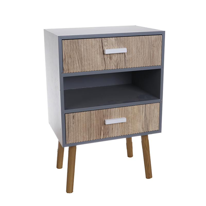 Gray wood two-color double drawer storage bedside table