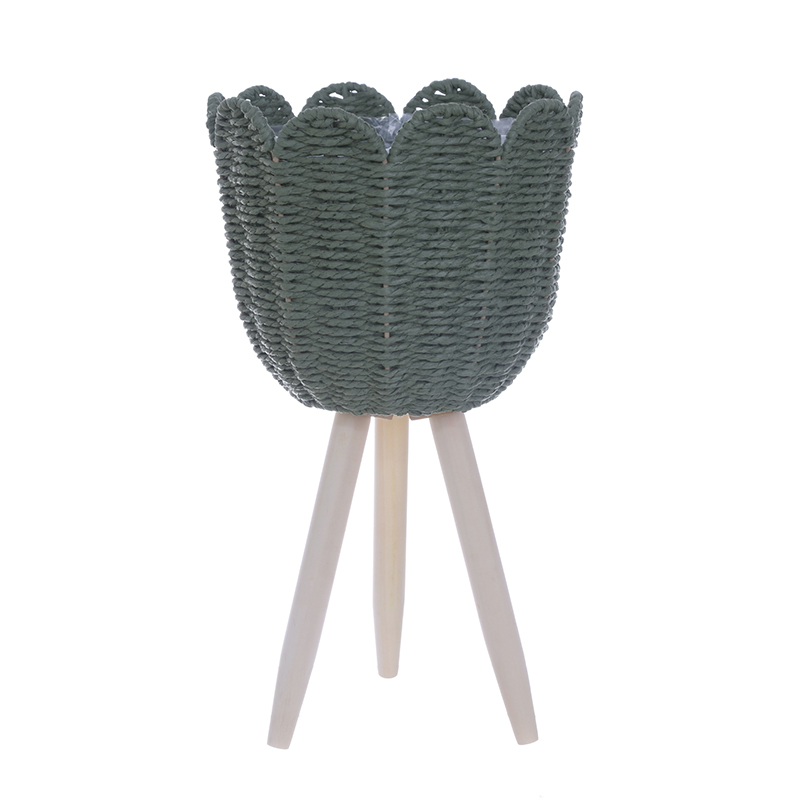 Tulip-Shaped Woven Plant Basket with Wooden Stand