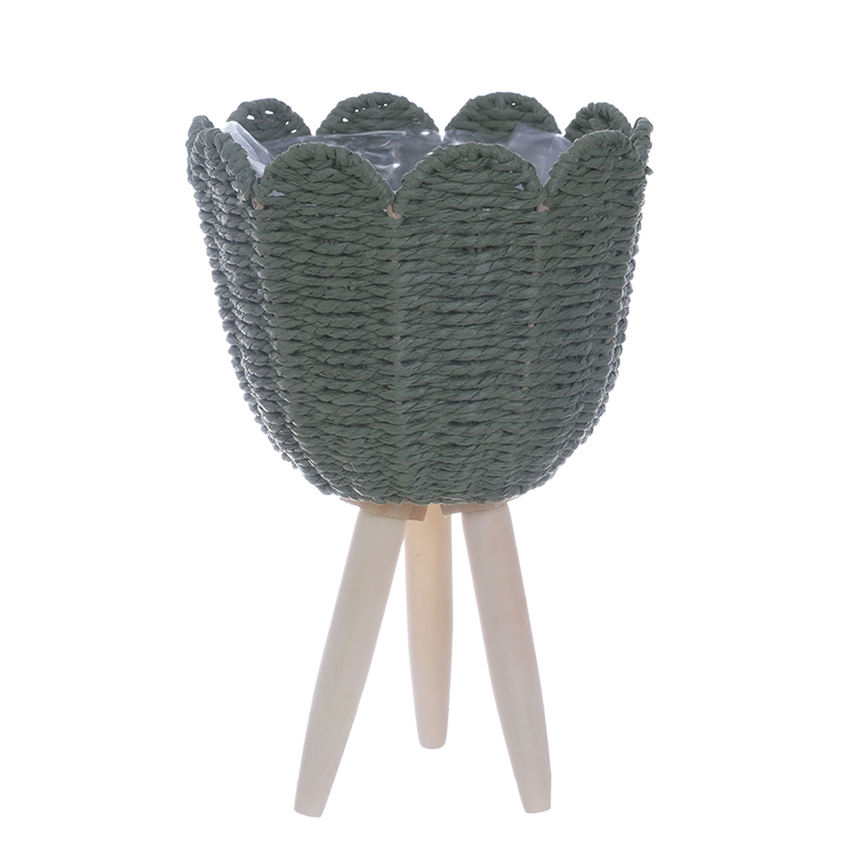 Tulip-Shaped Woven Plant Basket with Wooden Stand