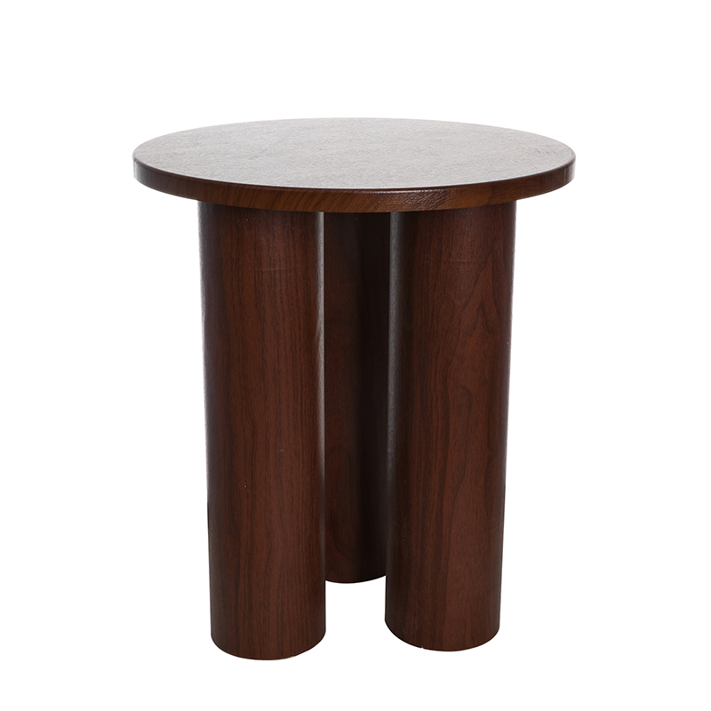 Walnut-colored three-legged round side table
