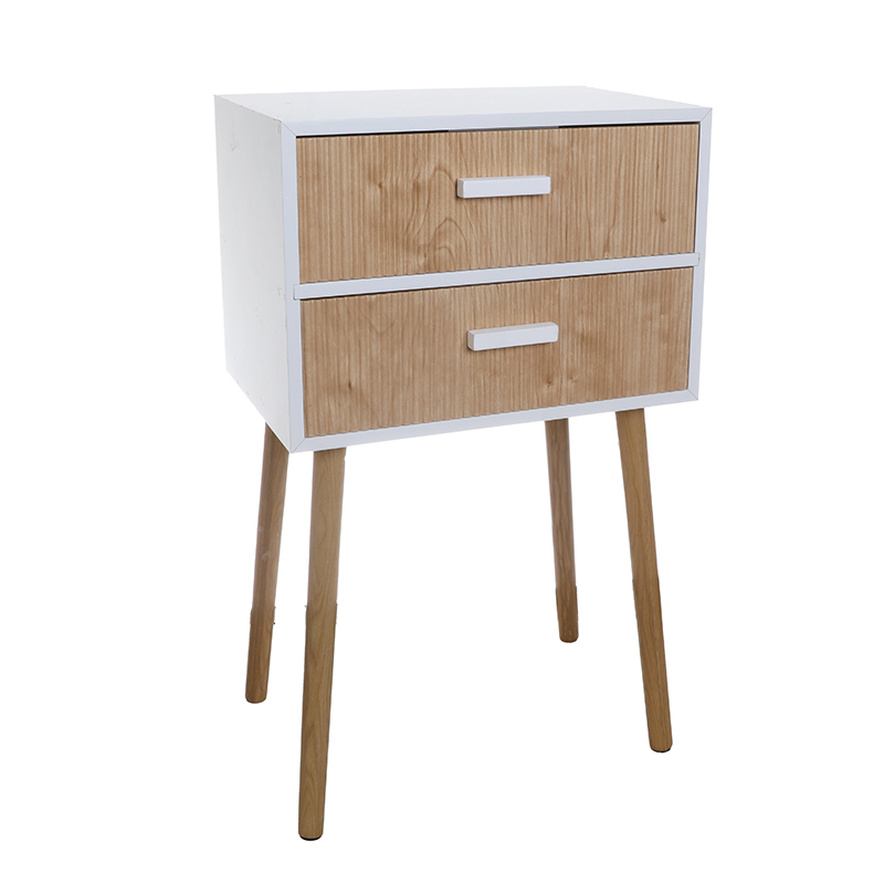White wood two-color double drawer bedside cabinet