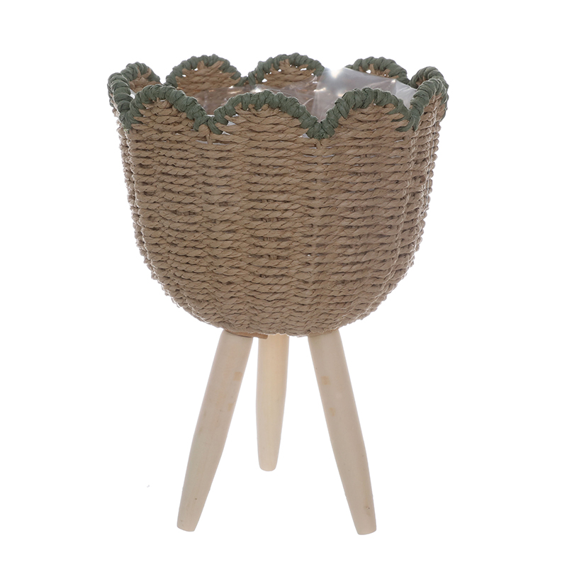 Tulip-Shaped Woven Plant Basket with Wooden Stand