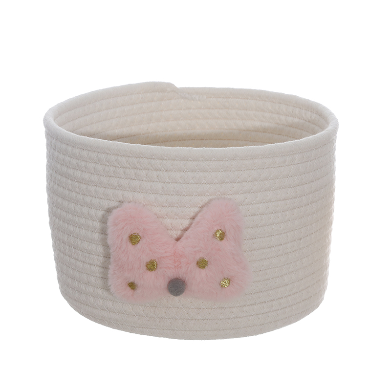 Cotton Rope Woven Round Storage Basket with Plush Pink Bow