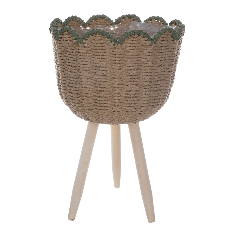 Tulip-Shaped Woven Plant Basket with Wooden Stand