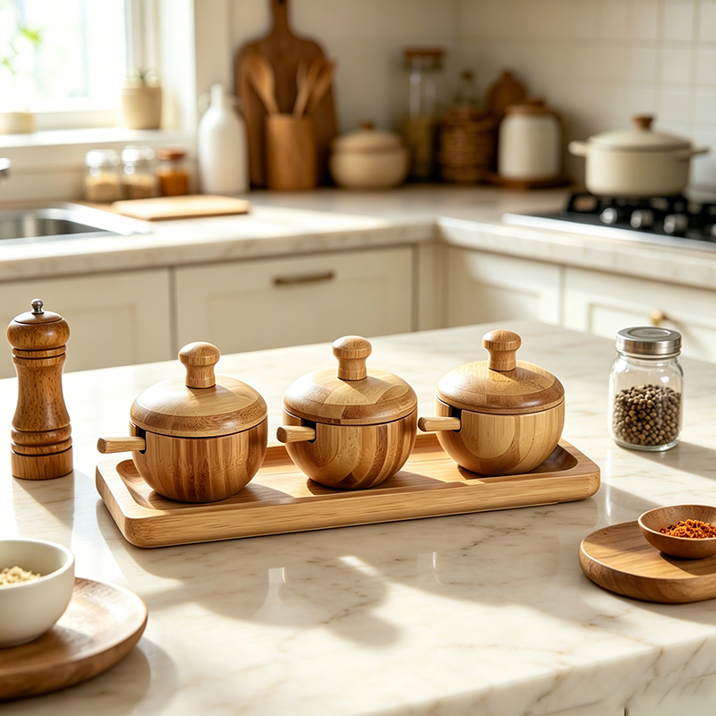 Wooden/Bamboo Condiment Pots with Lids and Handles