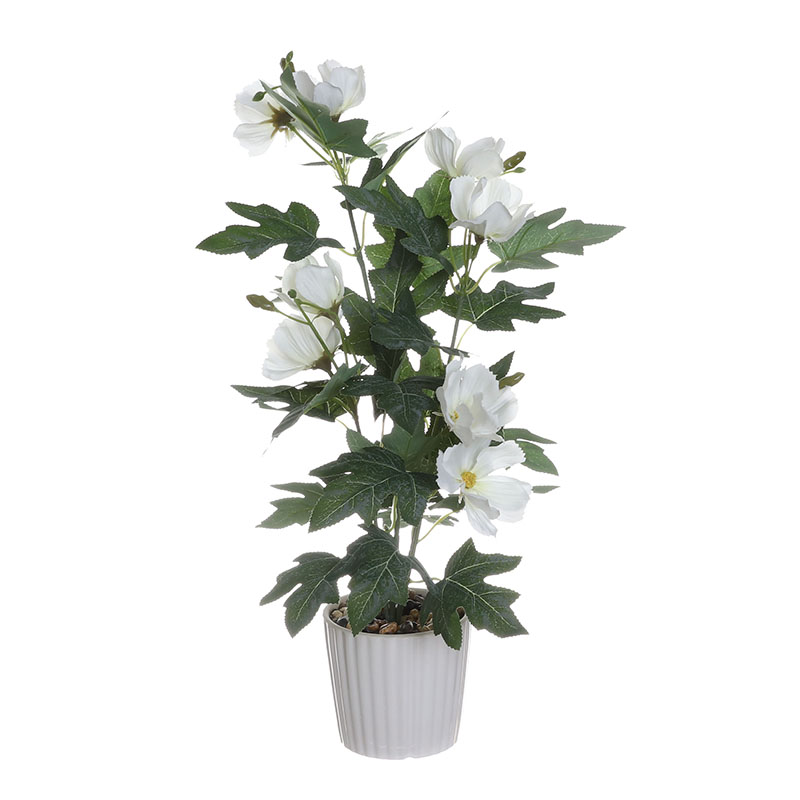 Artificial Hibiscus Plant with Ribbed Ceramic Pot